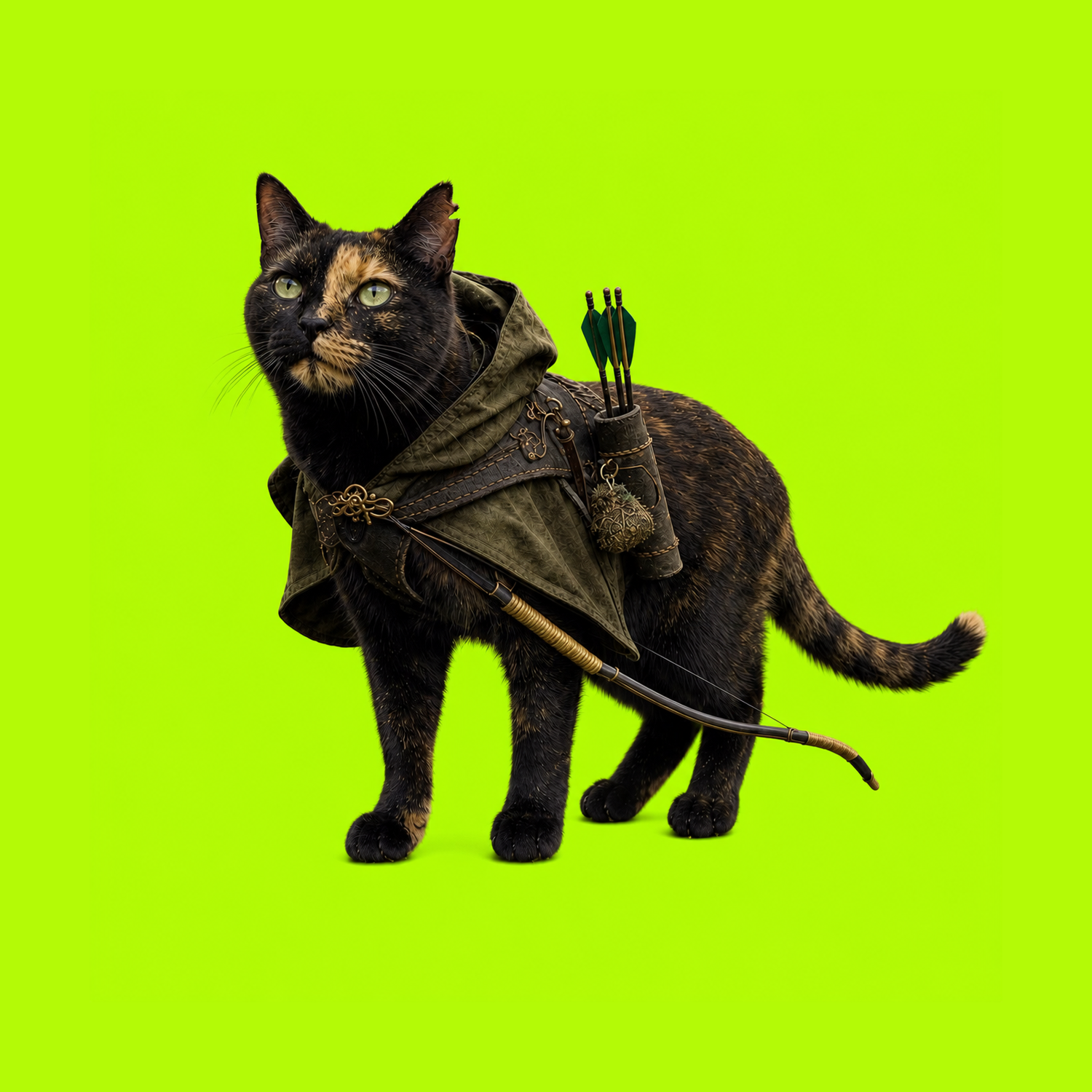 Catnip Everdeen in a green cloak with a bow and quiver against a lime background